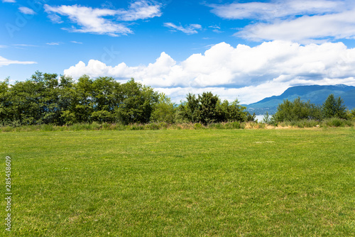 Empty meadow in a coast park with sea and mountains in background on a sunny summer day. Vancouver, BC, Canada.