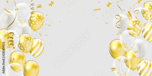 Gold white balloons, confetti concept design template holiday Happy Day, background Celebration Vector illustration.