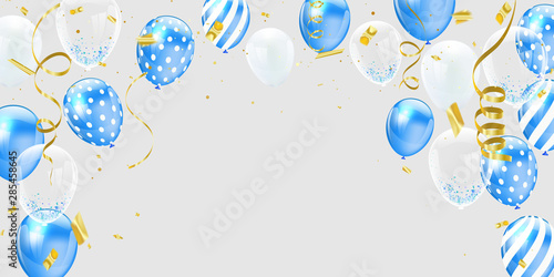 Blue white balloons, Gold confetti concept design template holiday Happy Day, background Celebration Vector illustration.