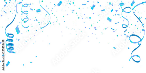 Fényképezés White background with blue confetti Celebration carnival ribbons