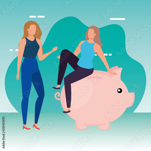 young women with piggy savings characters