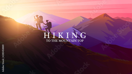 Hiking uphill. Sunrise in the mountains. Foggy layered landscape. Silhouette of tourists climbing to the top of the Swiss or Austrian Alps. Camping and sunset concept. Vector Background for banner.
