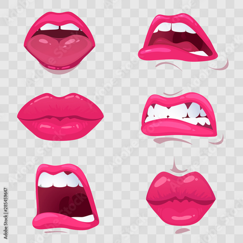 Cartoon mouth with emotions - sensuality and sadness, resentment and shock, anger and crying, on a transparent background