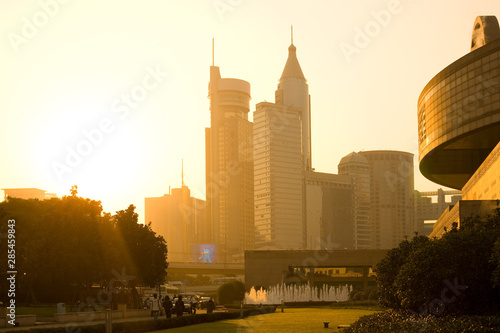 Photography Shanghai, huangpu district, China - Skyline of office buildings from Renmin Park (People's Square)
