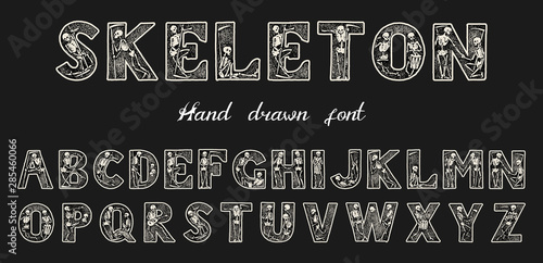 Antique old Font with skeletons for posters Day of the dead. Decorative Gothic alphabet in ancient style. Vintage typeface. Editable and layered monogram. Hand drawn Vector modern letters for banners