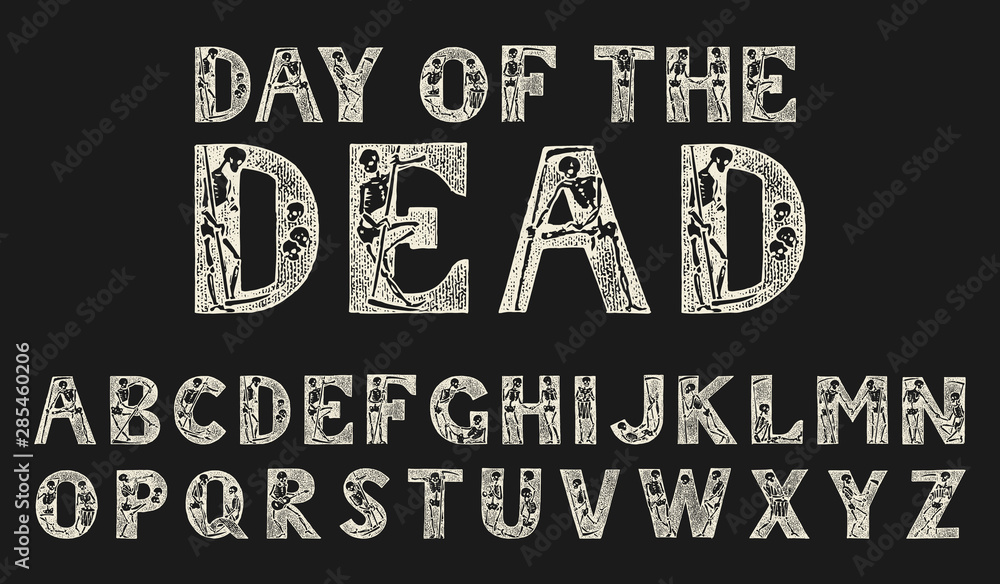 Antique old Font with skeletons for posters Day of the dead. Decorative ...
