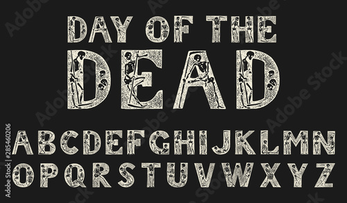 Antique old Font with skeletons for posters Day of the dead. Decorative Gothic alphabet in ancient style. Vintage typeface. Editable and layered monogram. Hand drawn Vector modern letters for banners