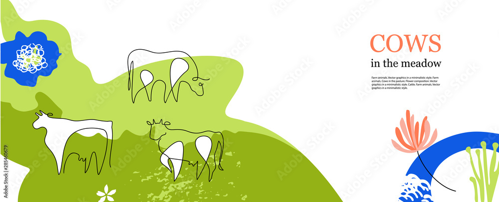 Naklejka premium Horizontal agricultural banner. Cow drawn in one line.