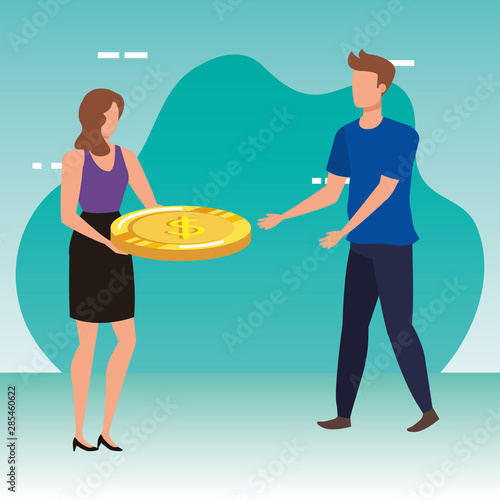 young couple with coins money avatars characters