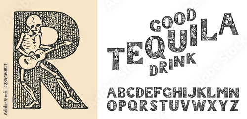 Antique old Font with skeletons for posters Day of the dead. Decorative Gothic alphabet in ancient style. Vintage typeface. Editable and layered monogram. Hand drawn Vector modern letters for banners