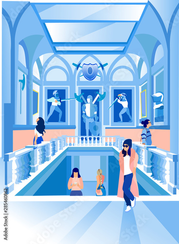 Women in Exhibition Center Looking Statues. Vector