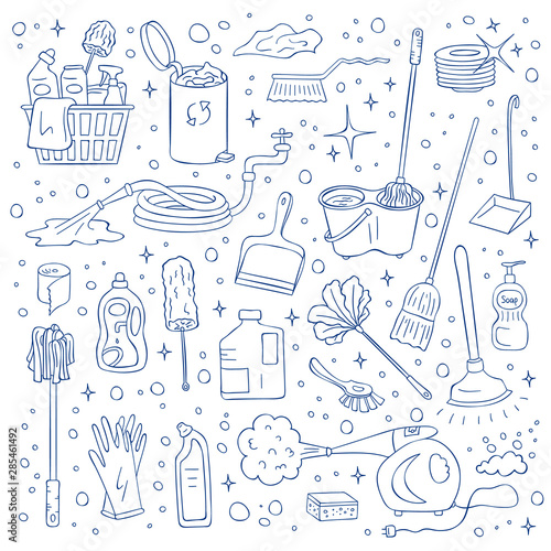 Vector cleaning doodle elements set isolated on white background. Hand drawn bucket, sponge, detergent, hose, plunger and steam cleaner illustration