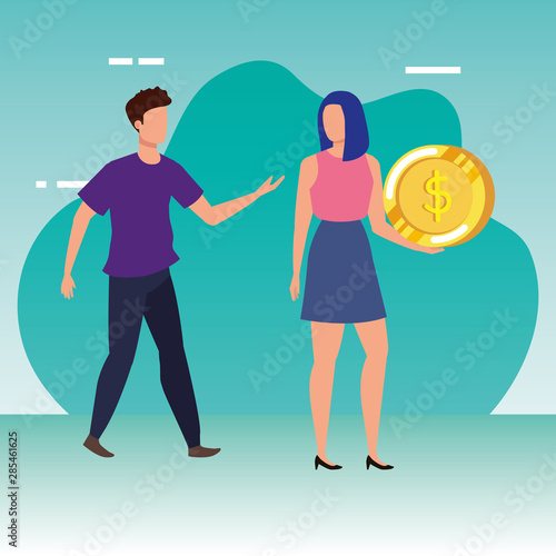 young couple with coins money avatars characters