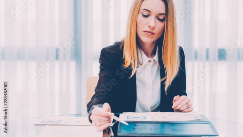 Successful career. Portrait of confident business woman working at modern office, reviewing report.