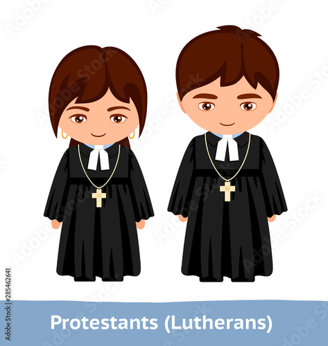 Protestants and lutherans. Cute cartoon characters. Vector flat illustration