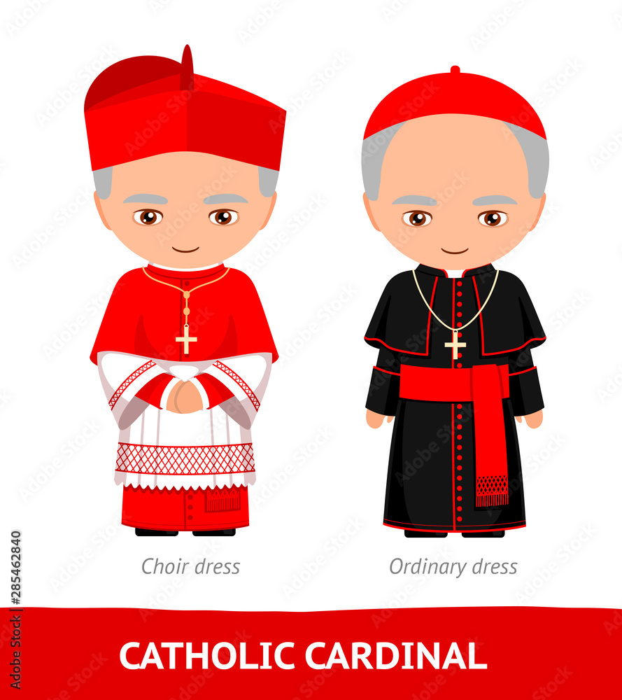 Catholic cardinal. Choir and ordinary dresses. Cartoon male character. Vector flat illustration.