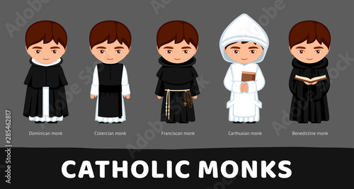 Catholic monks. Carthusians, Franciscans, Cistercians, Benedictines and Dominicans. Set of cartoon characters. Vector flat illustration.