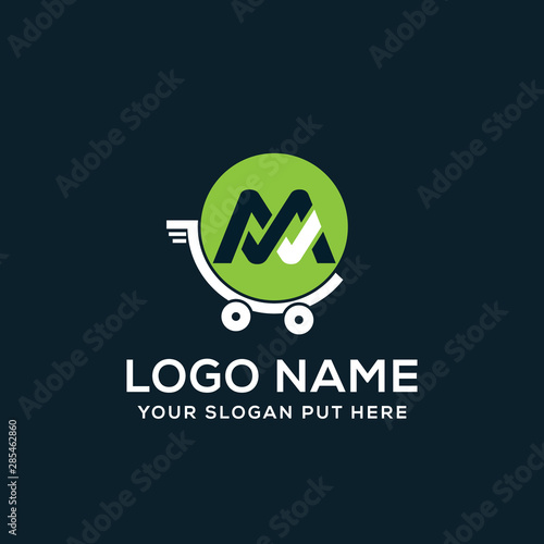 M Letter shop cart logo vector design template