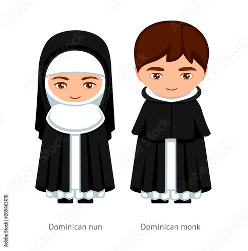 Dominican monk and nun. Catholics. Religious man and woman. Cartoon character. Vector illustration. photo