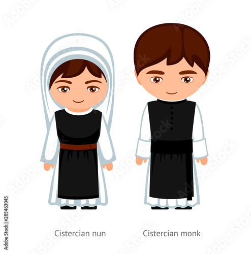 Cistercian monk and nun. Catholics. Religious man and woman. Cartoon character. Vector illustration.