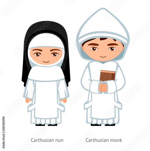 Carthusian monk and nun. Catholics. Religious man and woman. Cartoon character. Vector illustration.