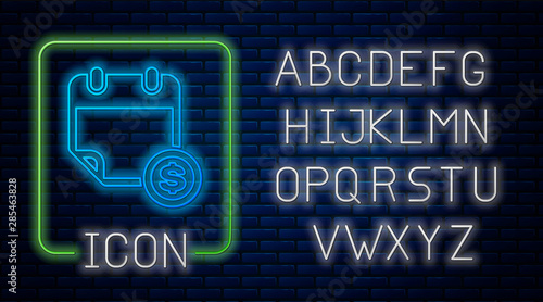 Glowing neon Financial calendar icon isolated on brick wall background. Annual payment day, monthly budget planning, fixed period concept, loan duration. Neon light alphabet. Vector Illustration