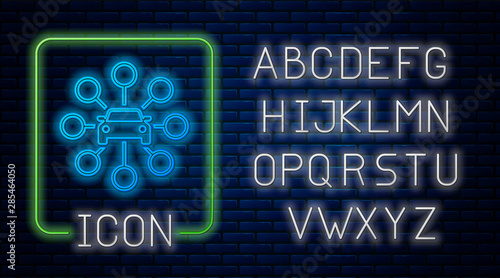 Glowing neon Car sharing icon isolated on brick wall background. Carsharing sign. Transport renting service concept. Neon light alphabet. Vector Illustration