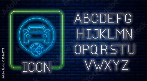 Glowing neon Car sharing icon isolated on brick wall background. Carsharing sign. Transport renting service concept. Neon light alphabet. Vector Illustration