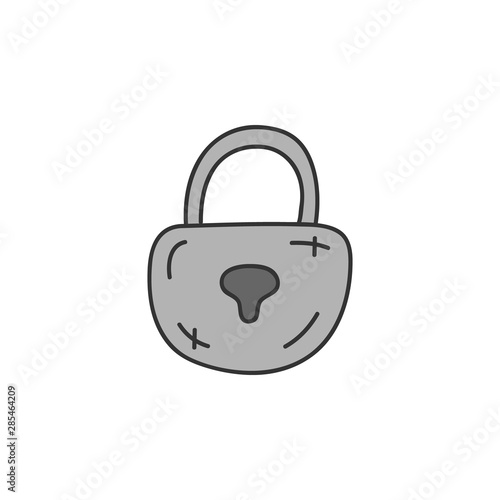 Lock vector illustration. Magic, fairy tale cute princess chamber or treasure padlock. Hand drawn isolated, outlined icon, sticker.