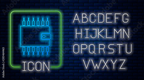 Glowing neon Cryptocurrency wallet icon isolated on brick wall background. Wallet and bitcoin sign. Mining concept. Money, payment, cash, pay icon. Neon light alphabet. Vector Illustration