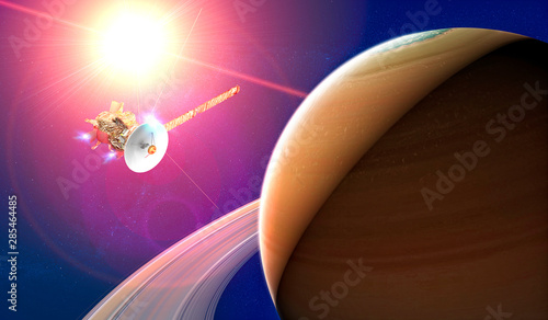 Fototapeta Naklejka Na Ścianę i Meble -  View of the planet Saturn with rings. Cassini probe in exploration around the planet. Solar system. 3d render. Element of this image is furnished by Nasa