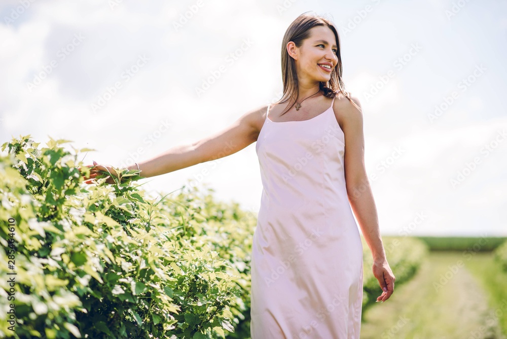 Beautiful girl in pink dress walking in the field of currants Beautiful girl in pink dress walking in the field of currants