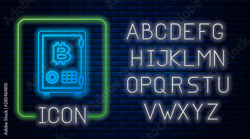 Glowing neon Proof of stake icon isolated on brick wall background. Cryptocurrency economy and finance collection. Neon light alphabet. Vector Illustration