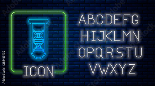 Glowing neon DNA research, search icon isolated on brick wall background. Genetic engineering, genetics testing, cloning, paternity testing. Neon light alphabet. Vector Illustration
