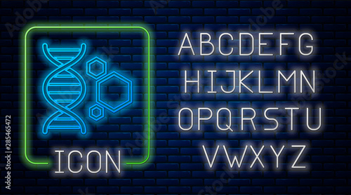 Glowing neon Genetic engineering icon isolated on brick wall background. DNA analysis, genetics testing, cloning, paternity testing. Neon light alphabet. Vector Illustration