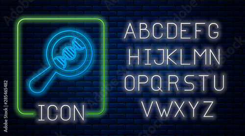 Glowing neon DNA research, search icon isolated on brick wall background. Magnifying glass and dna chain. Genetic engineering, cloning, paternity testing. Neon light alphabet. Vector Illustration