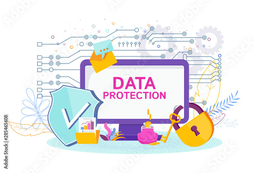 Data Protection Software. A computer under lock and security shield