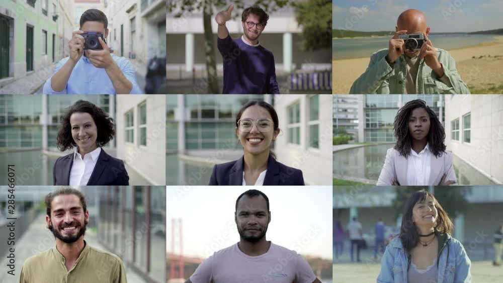 Happy people posing, gesturing and smiling outdoor. Multiscreen montage, split screen collage. Ethnicity variation concept Happy people posing, gesturing and smiling outdoor. Multiscreen montage, split screen collage. Ethnicity variation concept