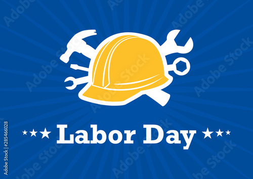Labor Day vector illustration. Yellow protective helmet with tools. Labor Day Poster, public holiday in the United States of America. Important day