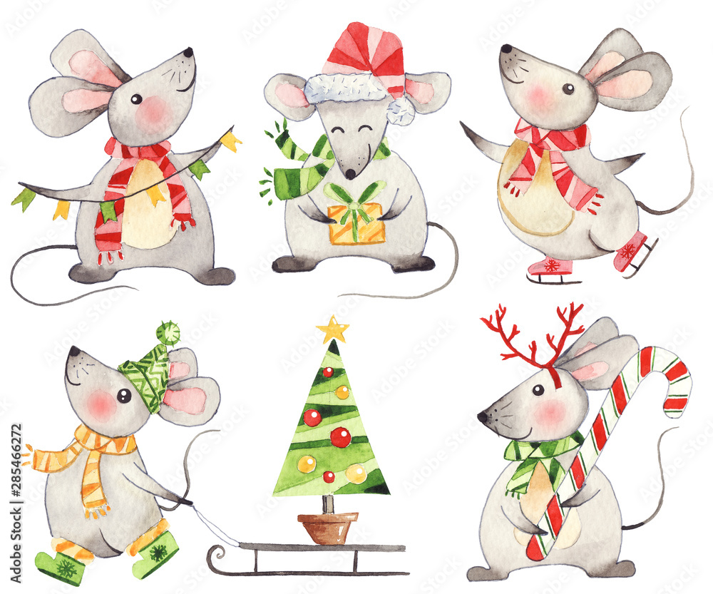 Fototapeta premium Set of cute watercolor handpainted christmas mice. isolated on white background, best for xmas invitation cards, new year 2020 design. cartoon, animals
