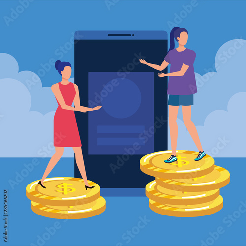young women with smartphone and money