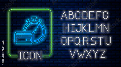 Glowing neon Fast payments icon on brick wall background. Fast money transfer payment. Financial services, fast loan, time is money, cash back concept. Neon light alphabet. Vector Illustration