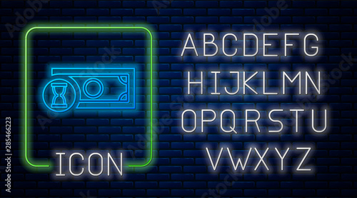 Glowing neon Fast payments icon on brick wall background. Fast money transfer payment. Financial services, fast loan, time is money, cash back concept. Neon light alphabet. Vector Illustration