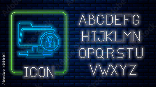 Glowing neon FTP folder and lock icon on brick wall background. Concept of software update, ftp transfer protocol. Security, safety, protection concept. Neon light alphabet. Vector Illustration