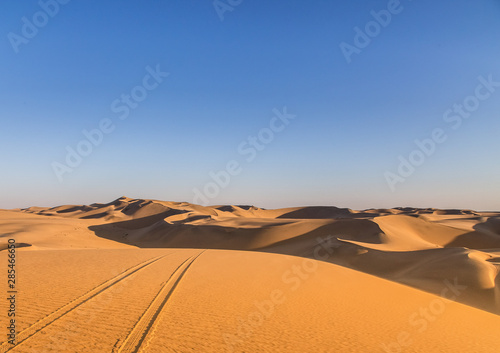 Sand dunes in the desert with vehicle track