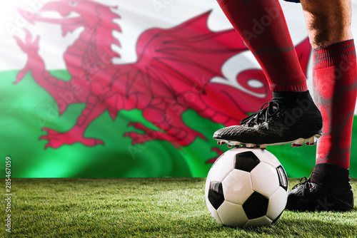 Close up legs of Wales football team player in red socks, shoes on soccer ball at the free kick or penalty spot playing on grass. © sezerozger