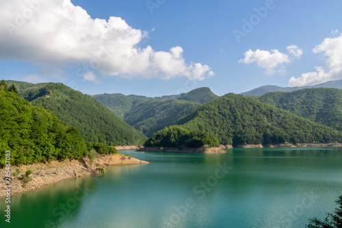 Part of unspoilt natural view around Lago ie Lake Vagli in Garfagnana, province of Lucca, Italy. Near Vagli Sotto village.