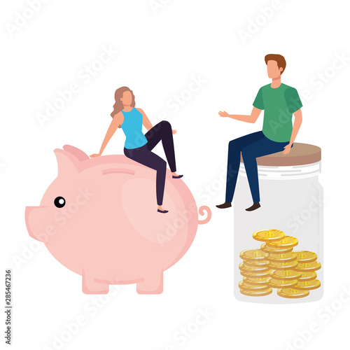 young couple with coins money in mason jar and piggy
