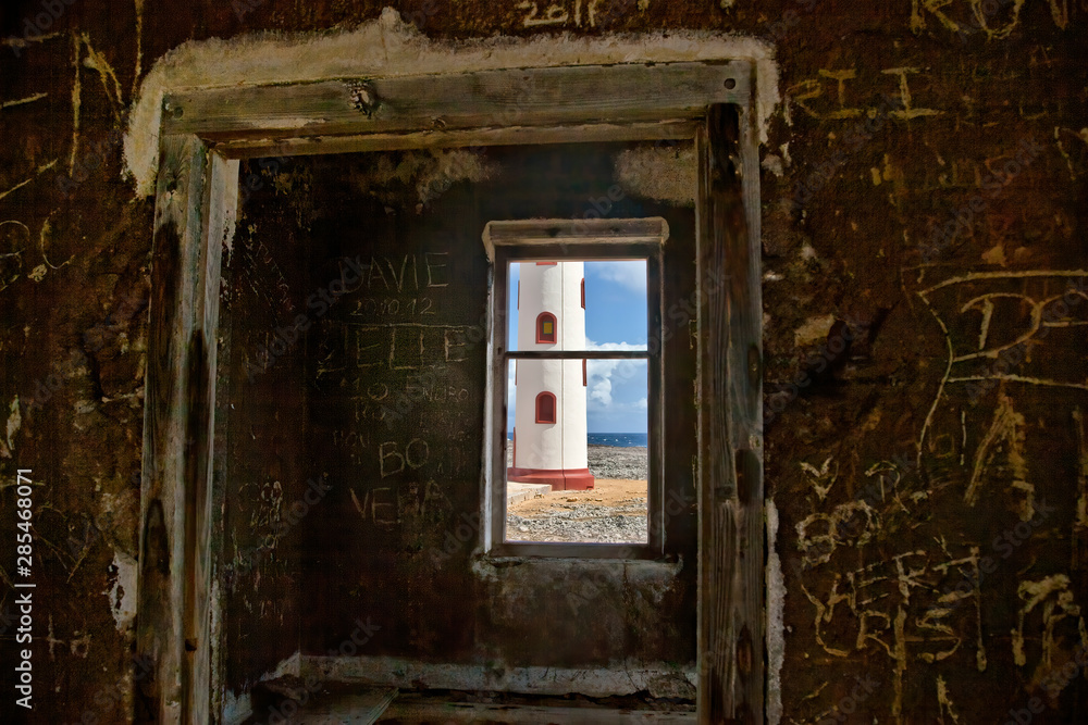 View of Spelonk Lighthouse through Ruins of Lighthouse Keeper's House, Bonaire View of Spelonk Lighthouse through Ruins of Lighthouse Keeper's House, Bonaire