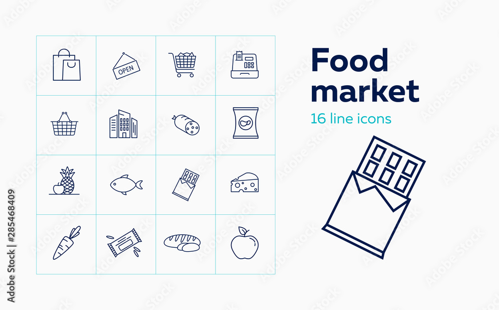 Food market line icon set. Set of line icons on white background. Product store concept. Fish, bread, shopping cart. Vector illustration can be used for topics like shopping, grocery, supermarket